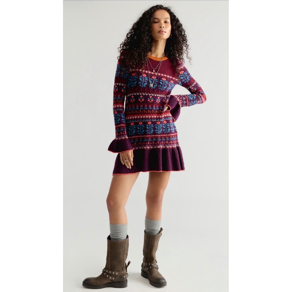 Free People petal Loom fair Isle Knit Mini Dress Bell Sleeve NWOT